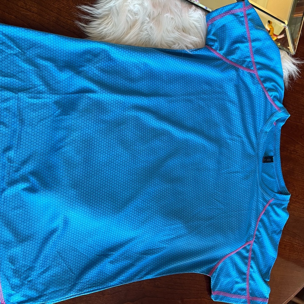 Blue Athletic T-Shirt with Pink Accents